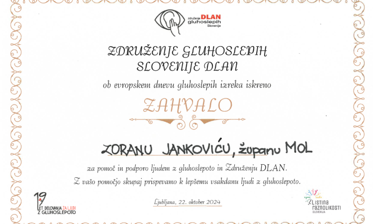 Ljubljana prejela zahvaloza podporo ljudem z gluhoslepoto